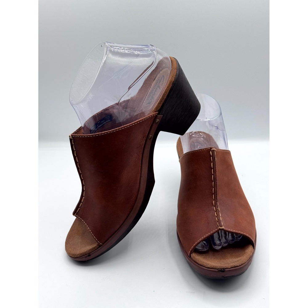 Clarks Bendables Mule Clogs Women's 8 Brown Leather Slip-On Open Toe Cuban Heel